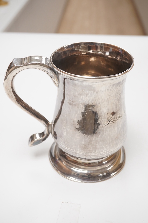 A George II provincial silver tankard by John Langlands I, with later engraved inscription, Newcastle, 1746, 12.3cm, 10.2oz. Condition - fair